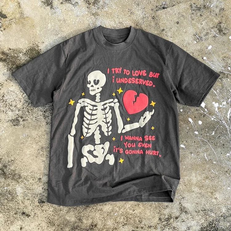 Skeleton Hurt Graphic Print Acid Washed T-Shirt SOPULA