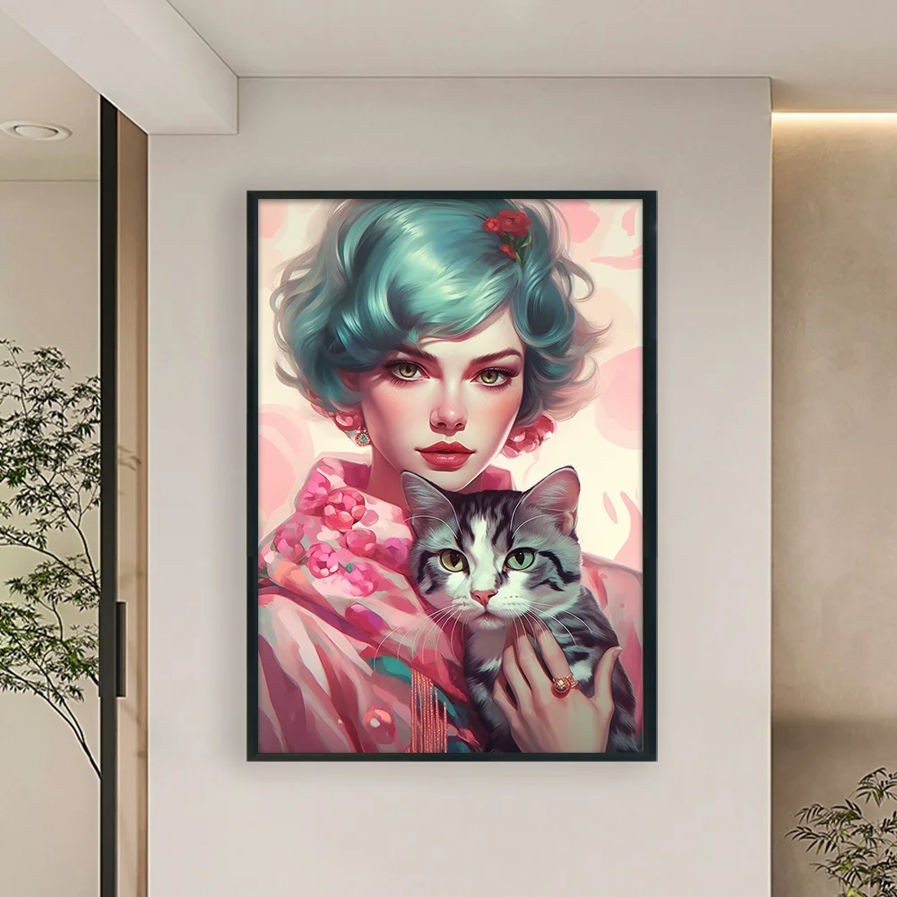 11CT Full Stamped Cross Stitch - Short Hair Woman Cat(Canvas|40*60CM)