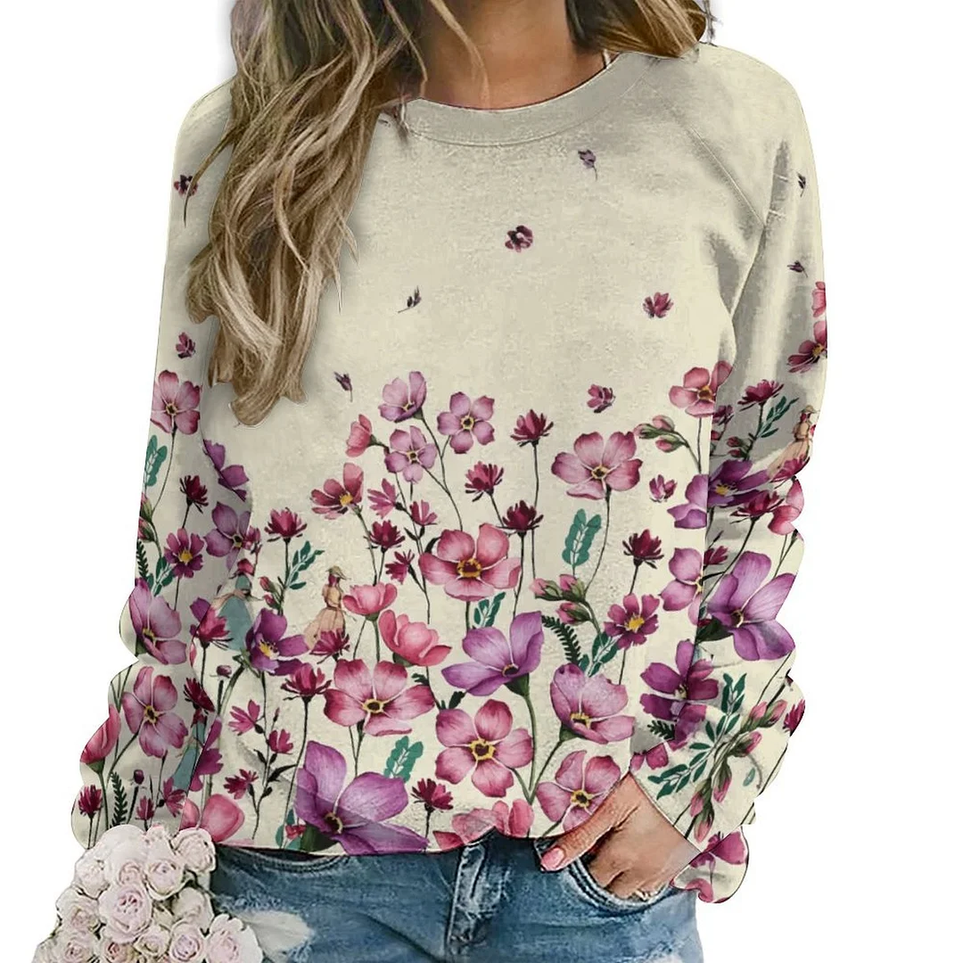 Printed Long Sleeve Casual Sweatshirt for  Women and Men Unisex Pattern Khaki, Red, Floral, Pink