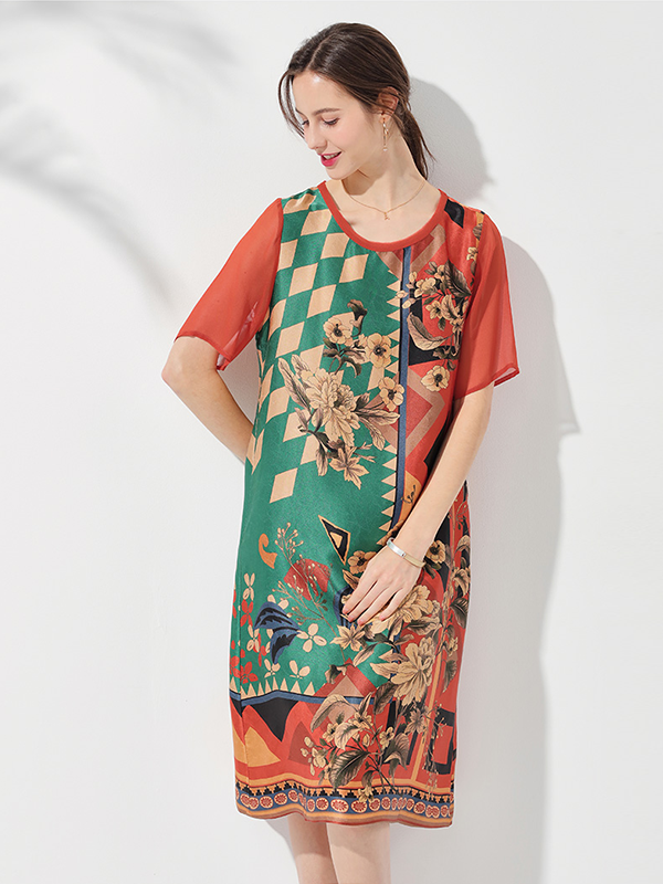 Silk Dress Retro Floral Printed Style-Real Silk Life
