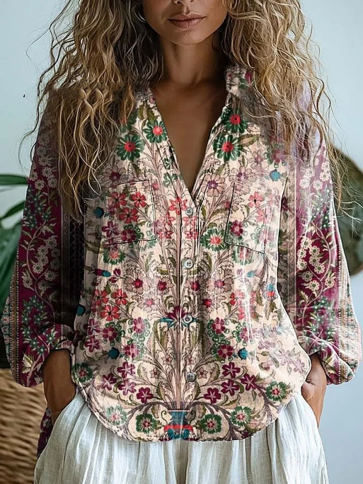 Women's Floral Patchwork Art Print Casual Long Sleeve Comfortable Cotton Shirt