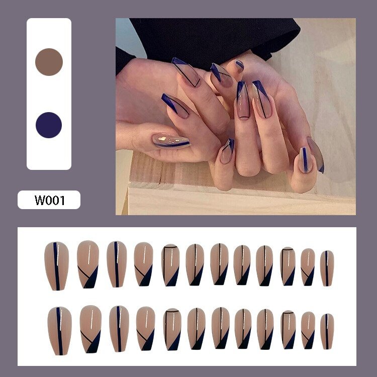 24 Pcs French Ballet White Line False Nails Fashion Geometric Coffin Press On Nails Flame Rose Pattern Nail Art Manicure Tools