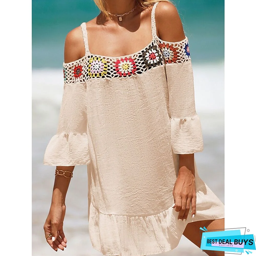 Women's Cover Up Beach Dress Beach Wear Mini Dress Ruffle Backless Ethnic Casual Floral Spaghetti Strap 3/4 Length Sleeve Loose Fit Outdoor Daily Black White 2023 Spring Summer One Size