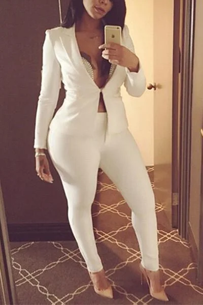 V Neck Long Sleeves White Two Piece pants set