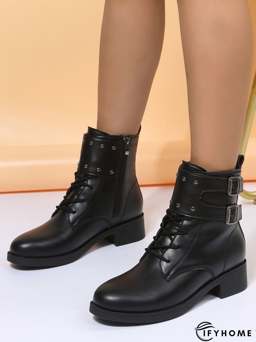 Black Riveted Buckle Coarse Heel Motorcycle Boots | IFYHOME