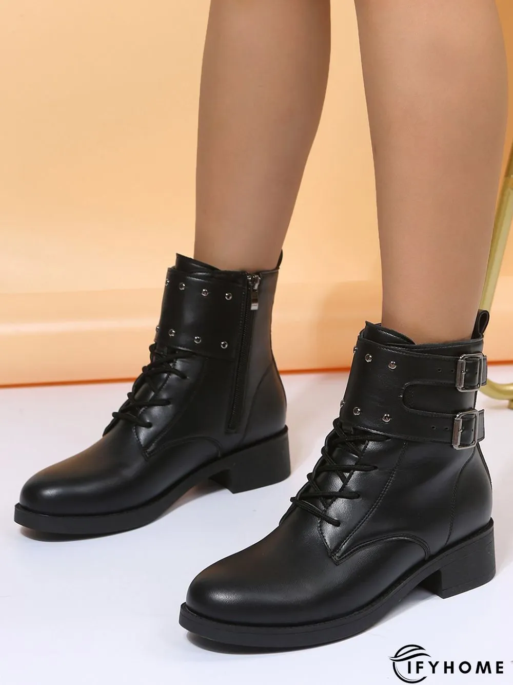 Black Riveted Buckle Coarse Heel Motorcycle Boots | IFYHOME