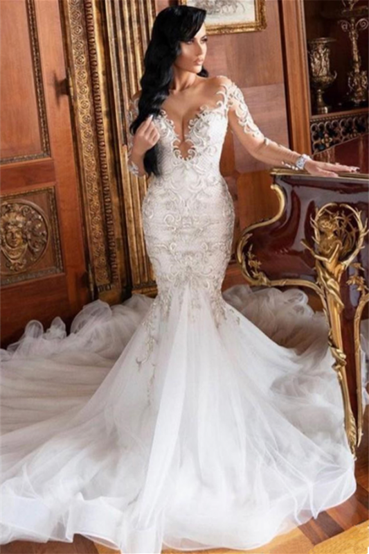 Long Sleeves Mermaid Lace Appliques Wedding Dress PD0964