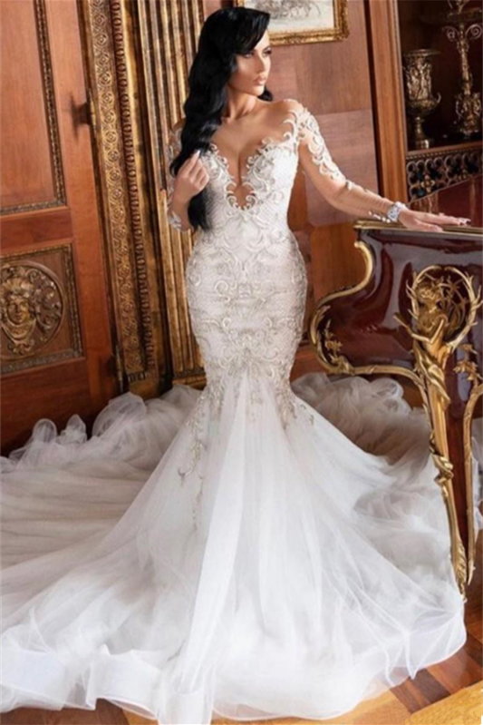 Bellasprom Mermaid Lace Appliques Wedding Dress  Long Sleeves On Sale
