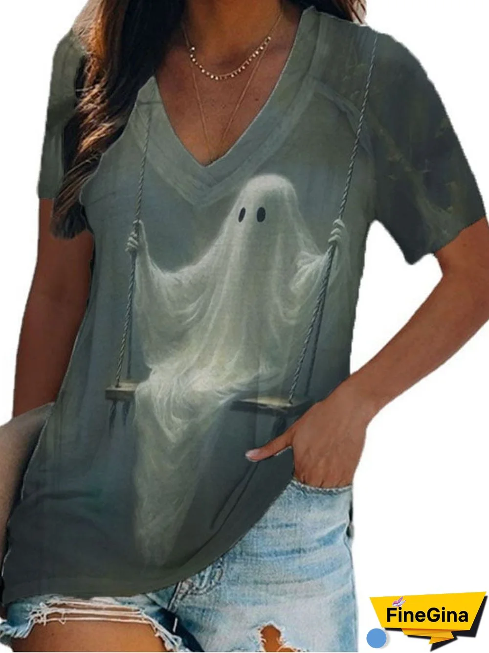 Halloween Women's Ghost Print T-Shirt