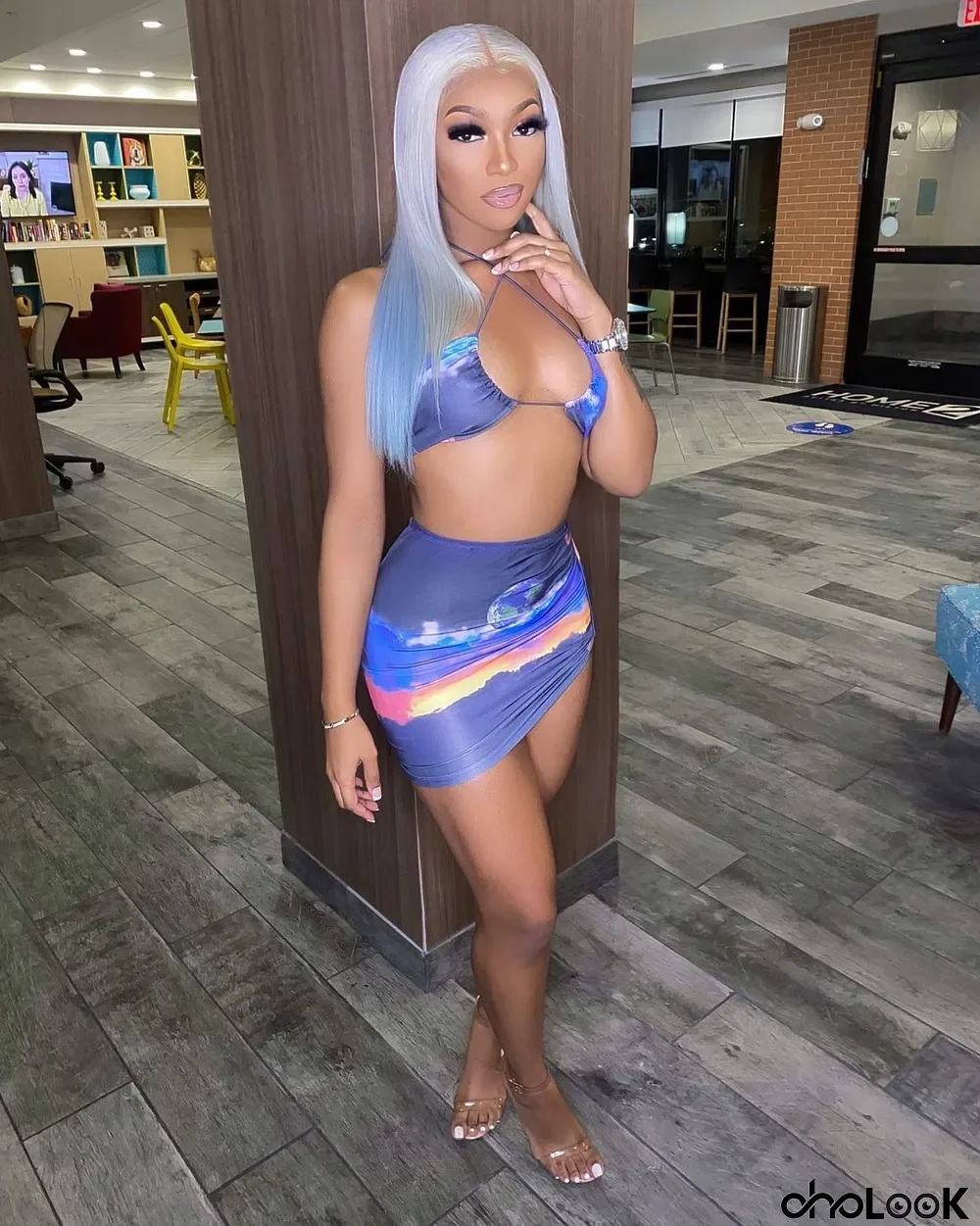 Sexy Printed Bra Top Mini Skirt Two Piece Sets