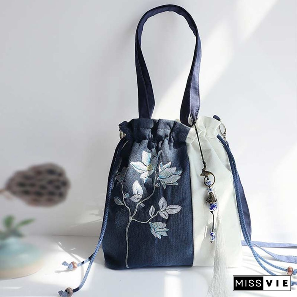 Vintage Flower Embroidery Colorblock Crossbody Bag