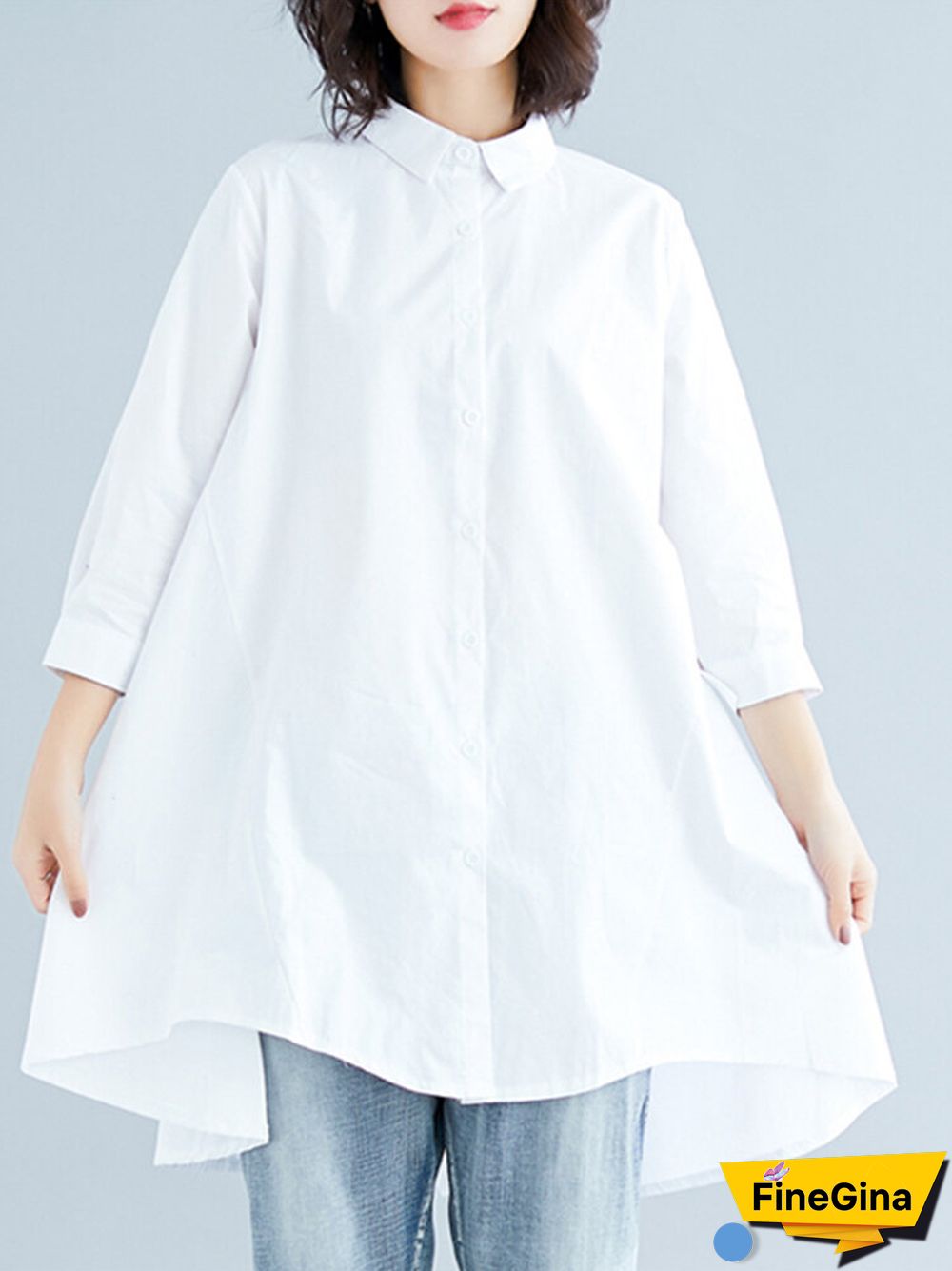 Solid Button High-Low Hem Lapel Loose Casual Shirt