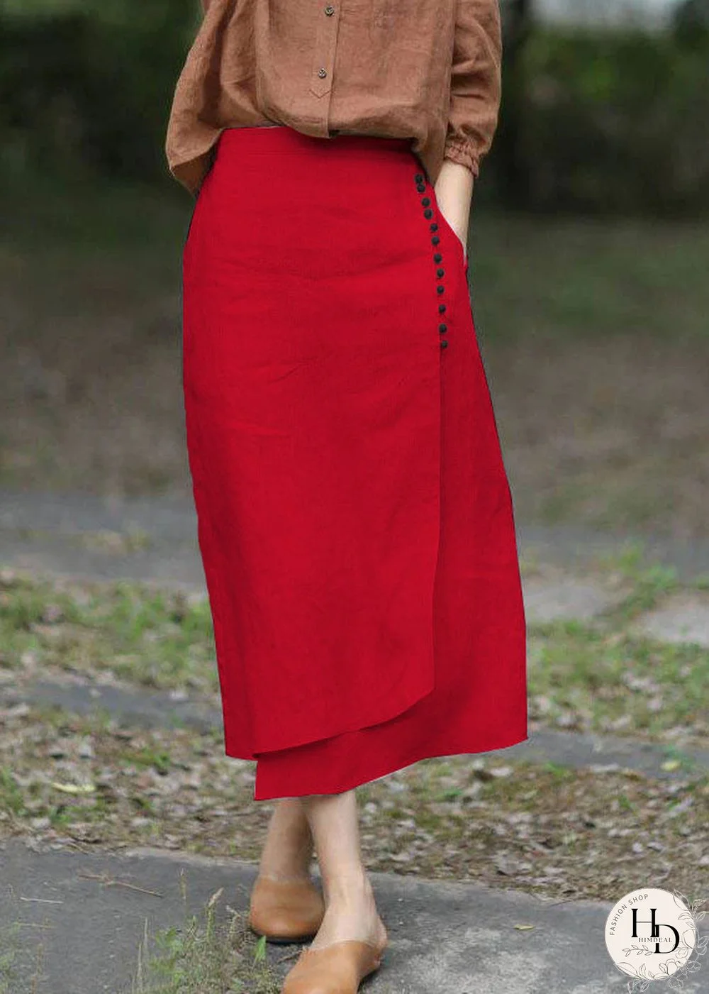 Boutique Red asymmetrical design elastic waist A Line Skirts Spring