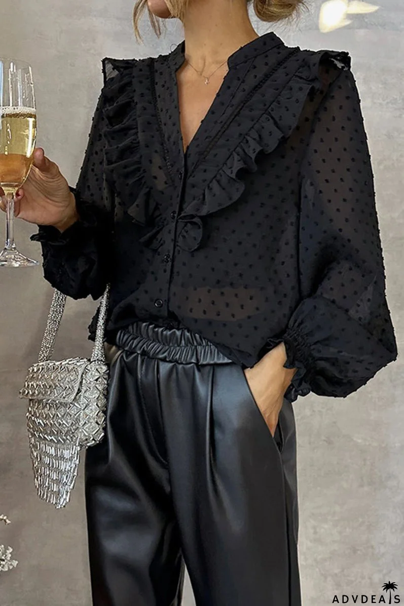 Elegant Solid Buttons Flounce V Neck Tops