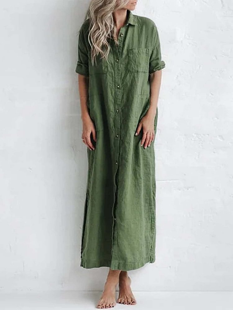 *Casual lapel pocket solid color split shirt dress