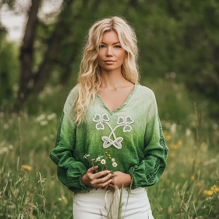 Women's St. Patrick's Shamrock Blend Linen V-neck Shirt