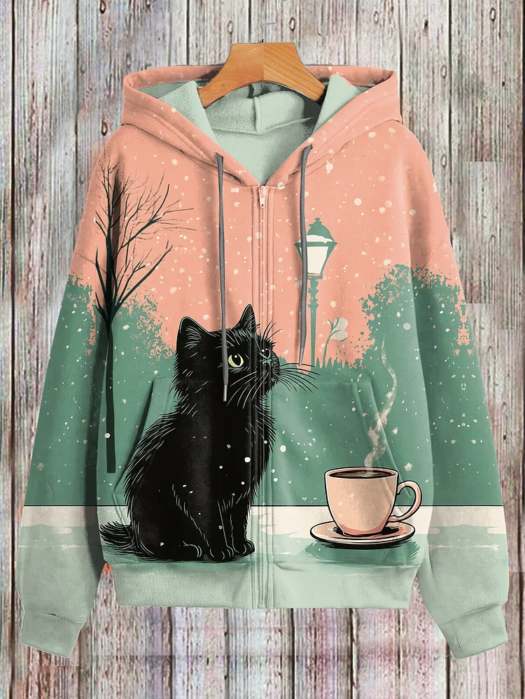 Women's Winter Outdoor Black Cat Coffee Art Print Hooded Zip Up Jacket