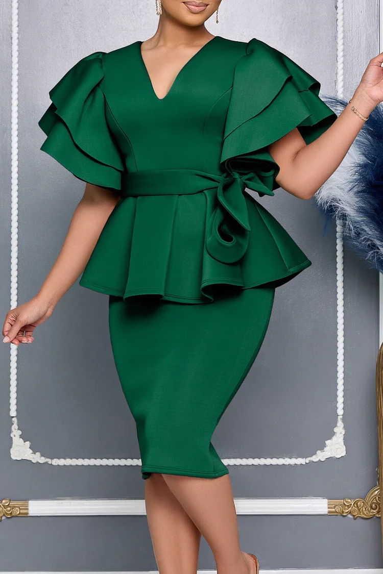 V Neck Ruffled Sleeve Tie Up Bodycon False Two-Piece Midi Dresses-DeepPink