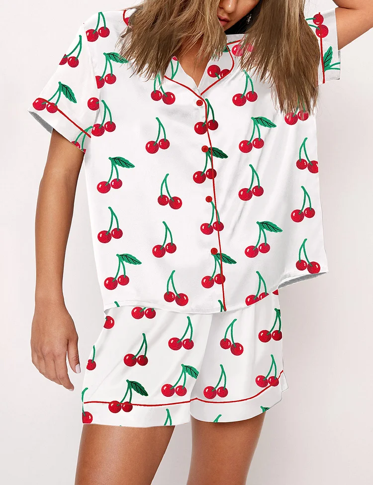 Women&rsquo;s Cherry Cute Print Short Sleeve Satin Pajama Set