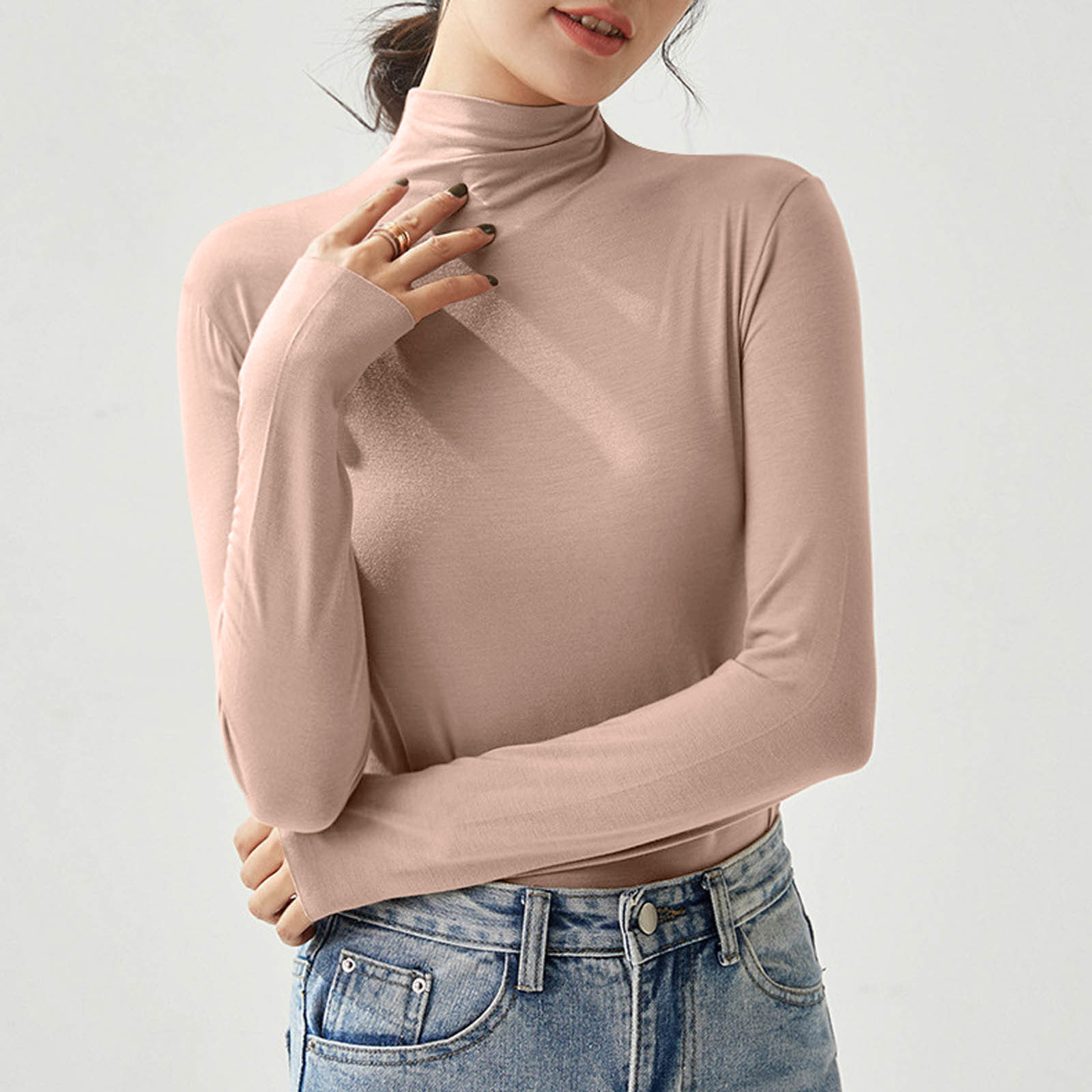 Women Autumn Slim Fit T-shirts New Half Turtleneck Elastic Versatile Basic Shirt Soft Tight Elegant Temperament Show Thin Tops