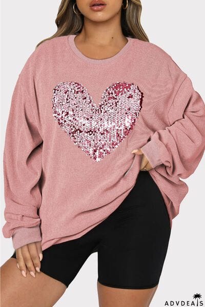 Plus Size Heart Sequin Round Neck Sweatshirt