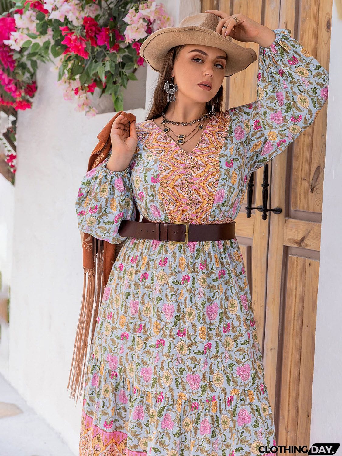 Plus Size Printed V-Neck Long Sleeve Dress