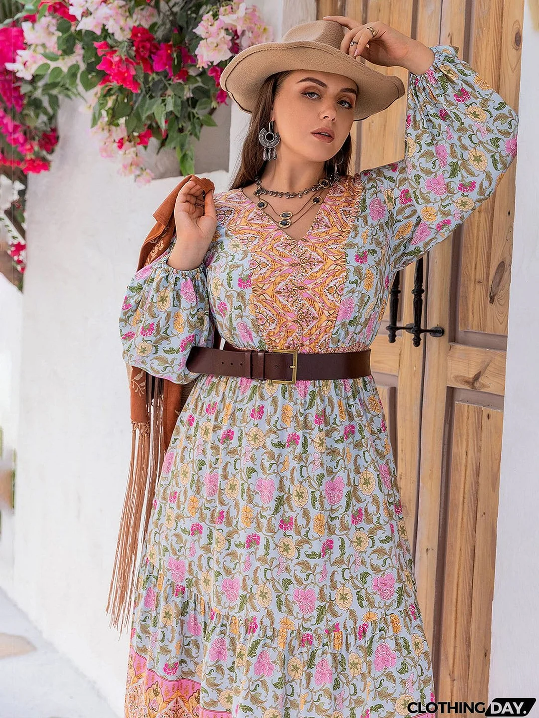 Plus Size Printed V-Neck Long Sleeve Dress