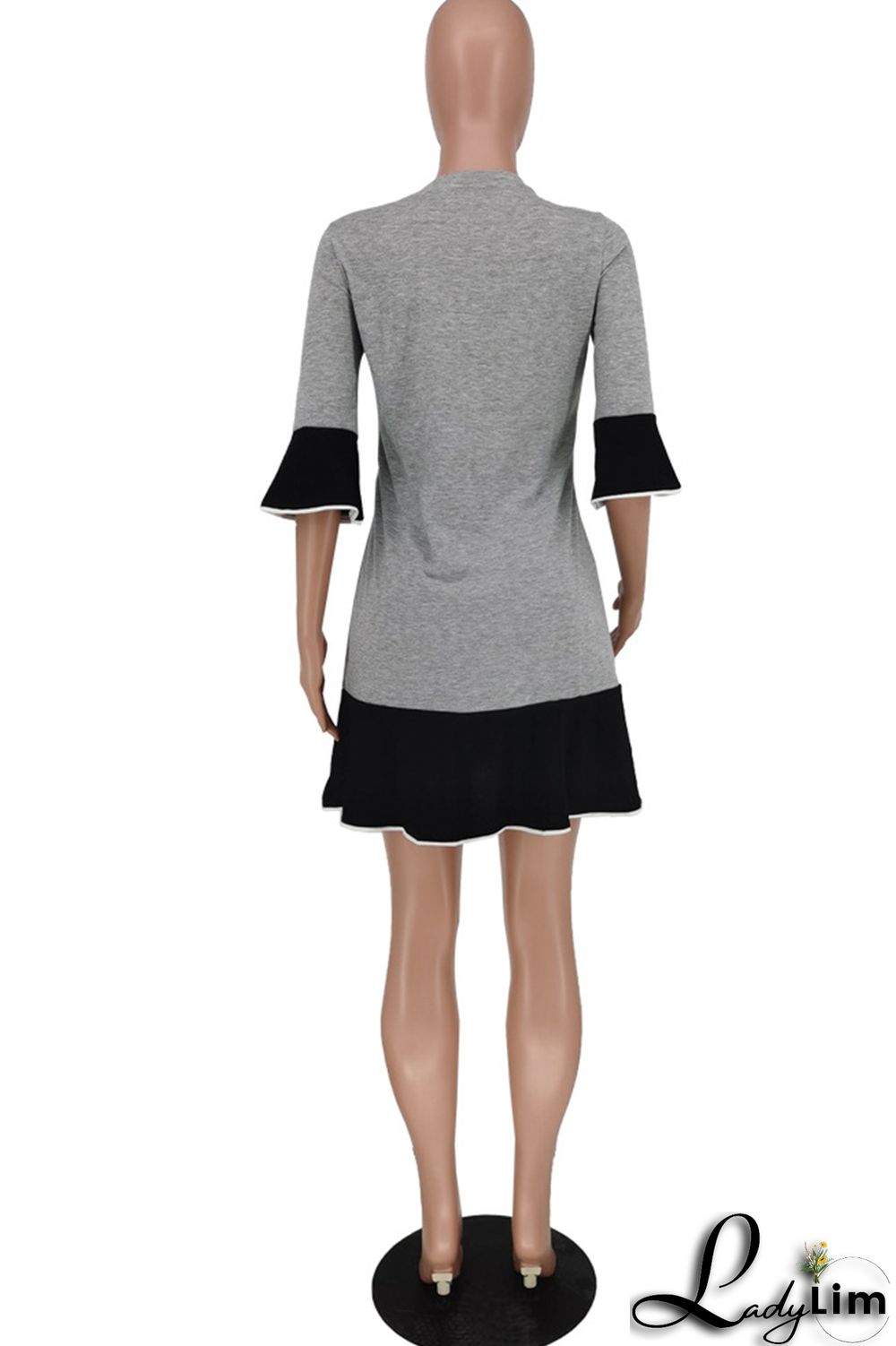 Black Gray Fashion Casual Letter Print Patchwork O Neck Dresses