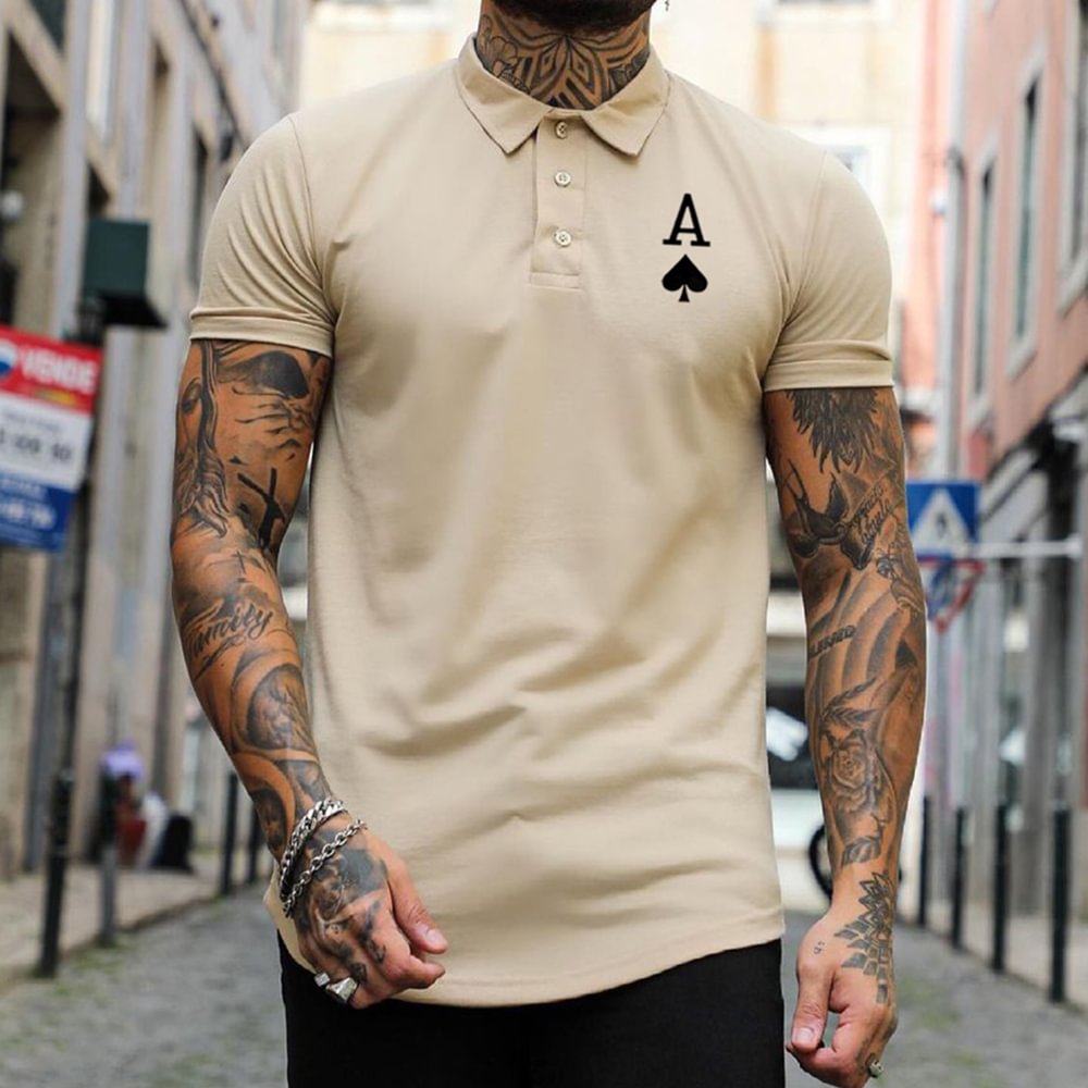 Men's Casual Ace Of Spades Print Slim Fit Short Sleeve Polo Shirt、、URBENIE