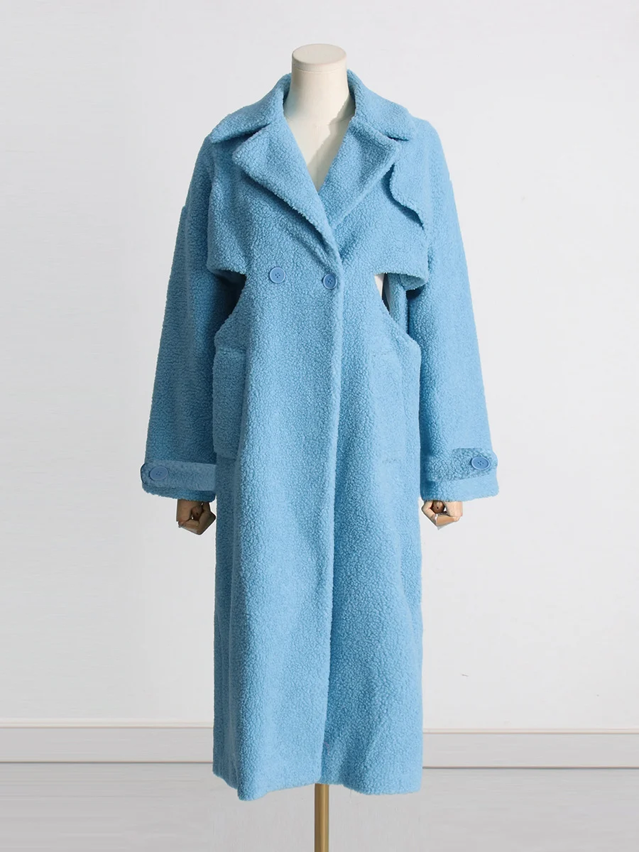 Toloer Toloer 2024 New Fashion Hollow Design Sense Kink Waist Show Thin Long Blue Plush Coat Female-Outfit Ideas