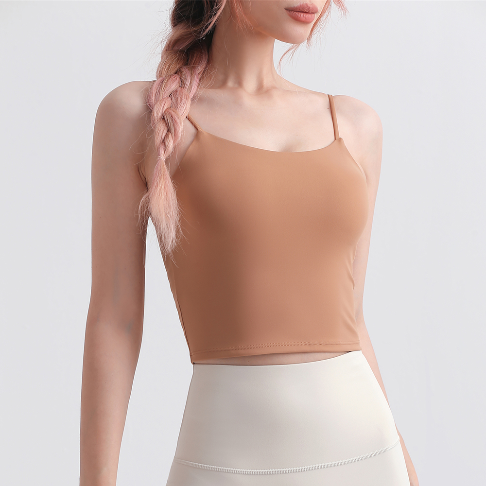 Hergymclothing Camel women 4 way stretch sweat wicking buttery soft high support gym yoga vest slimming tank top with built in bra for sale