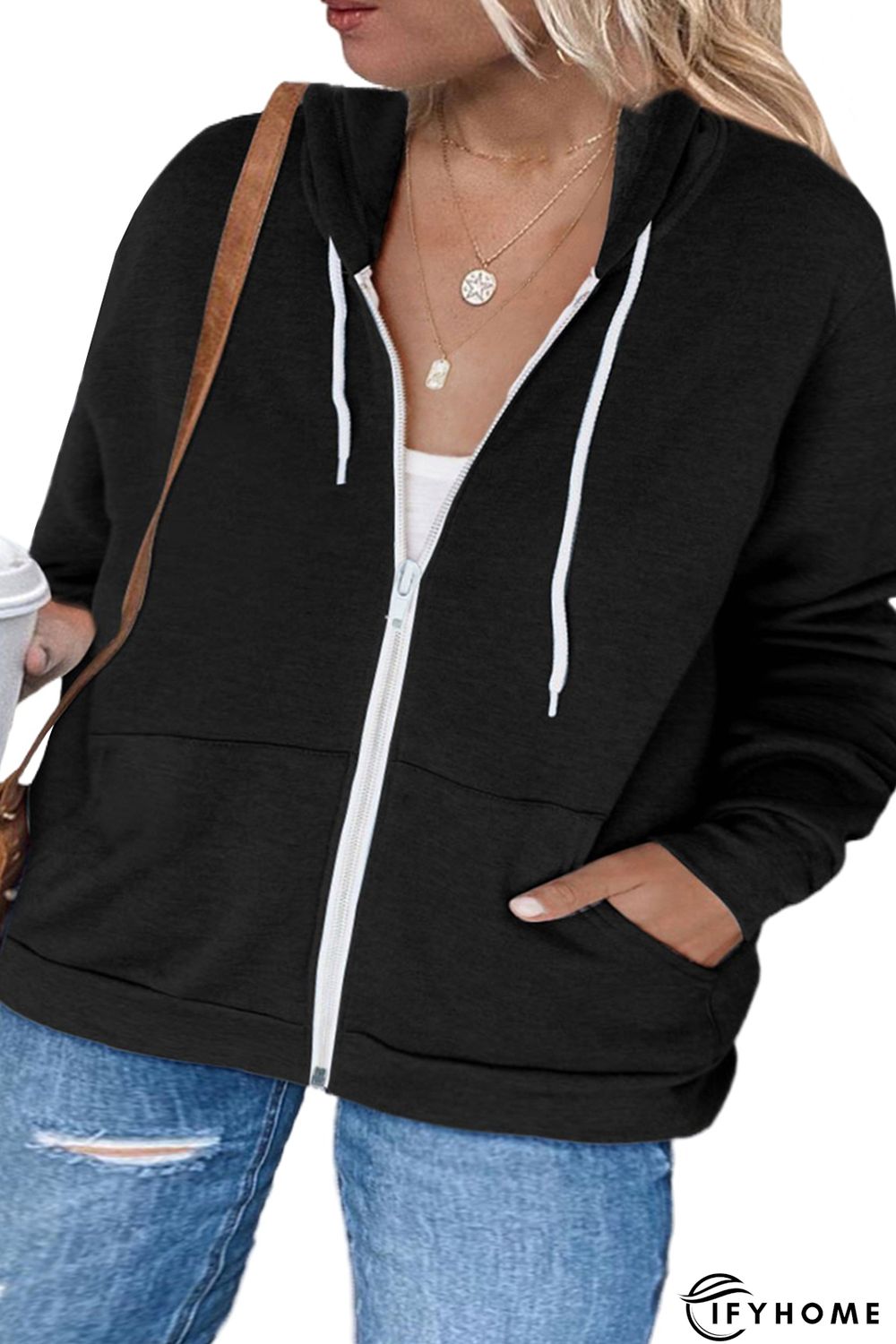 Black Blue Blue Plus Size Zipper Down Hooded Coat with Pocket | IFYHOME