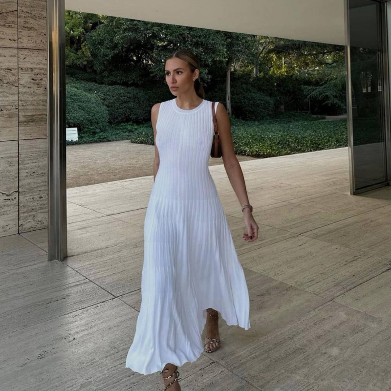 Ootddress Knitwear White Casual Long Dress For Women Sleeveless High Waist Slim Strapless Loose Dress Solid Basic Ladies Maxi Dress