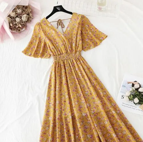 2020 Slim V Neck Summer Midi Long Dress Vestido Party Short sleeve Chiffon dress Women Casual Elegant print A-Line Vestidos