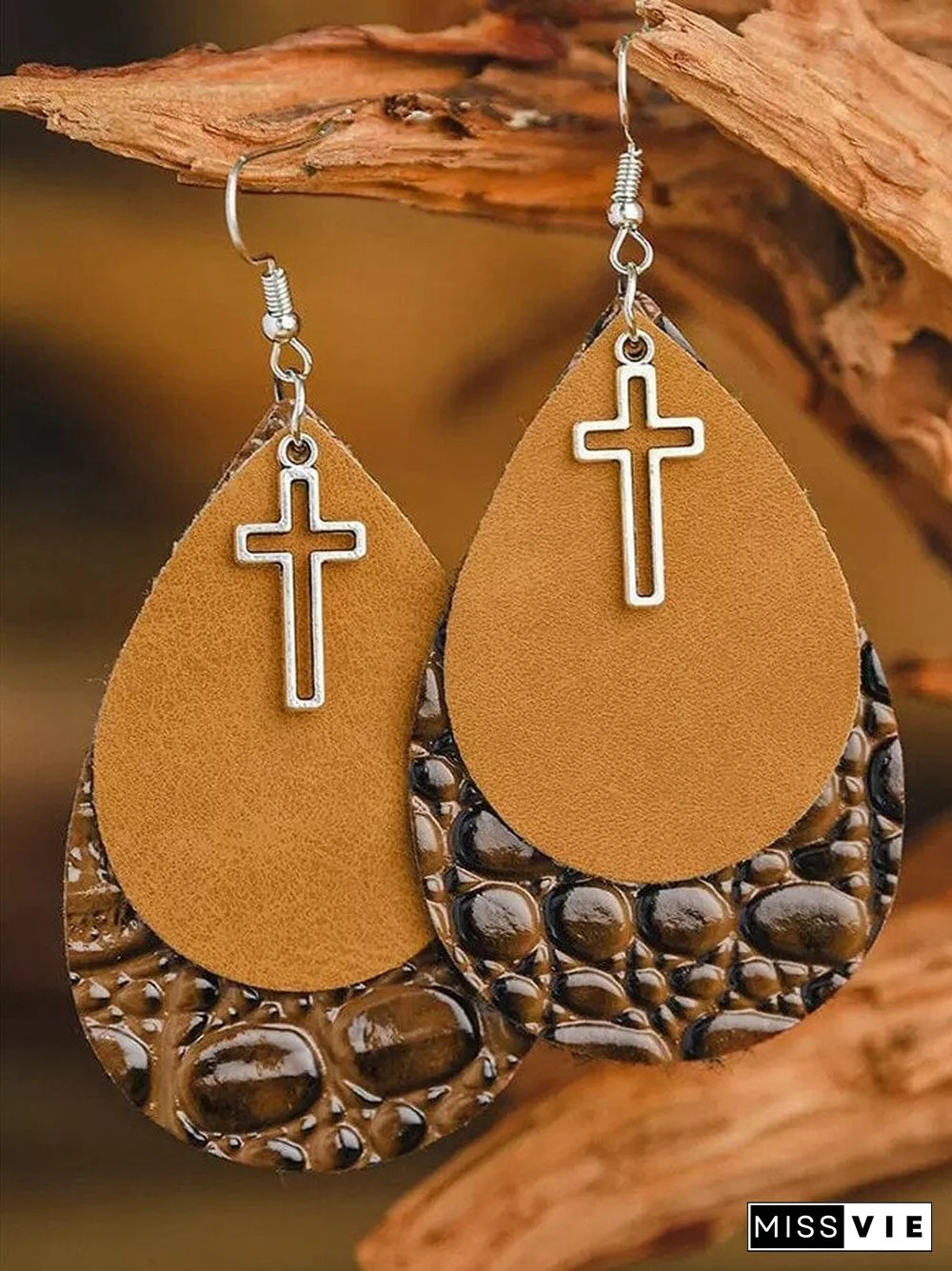 Women's retro double drop-shaped cross imitation crocodile leather earrings