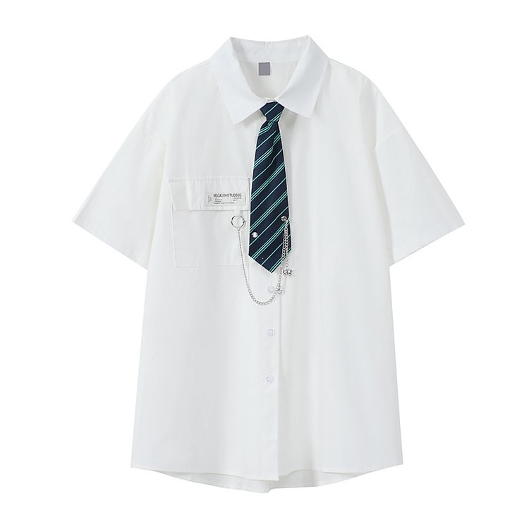Casual Short Sleeve Shirt With Tie Chain - Modakawa Modakawa
