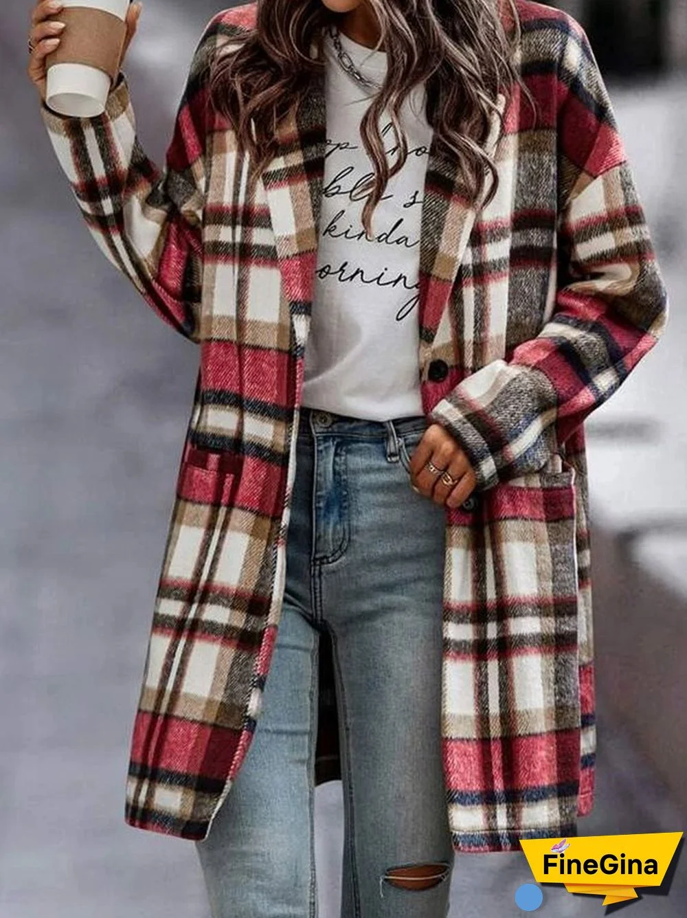 Red White Black Plaid Button Front Long Jacket