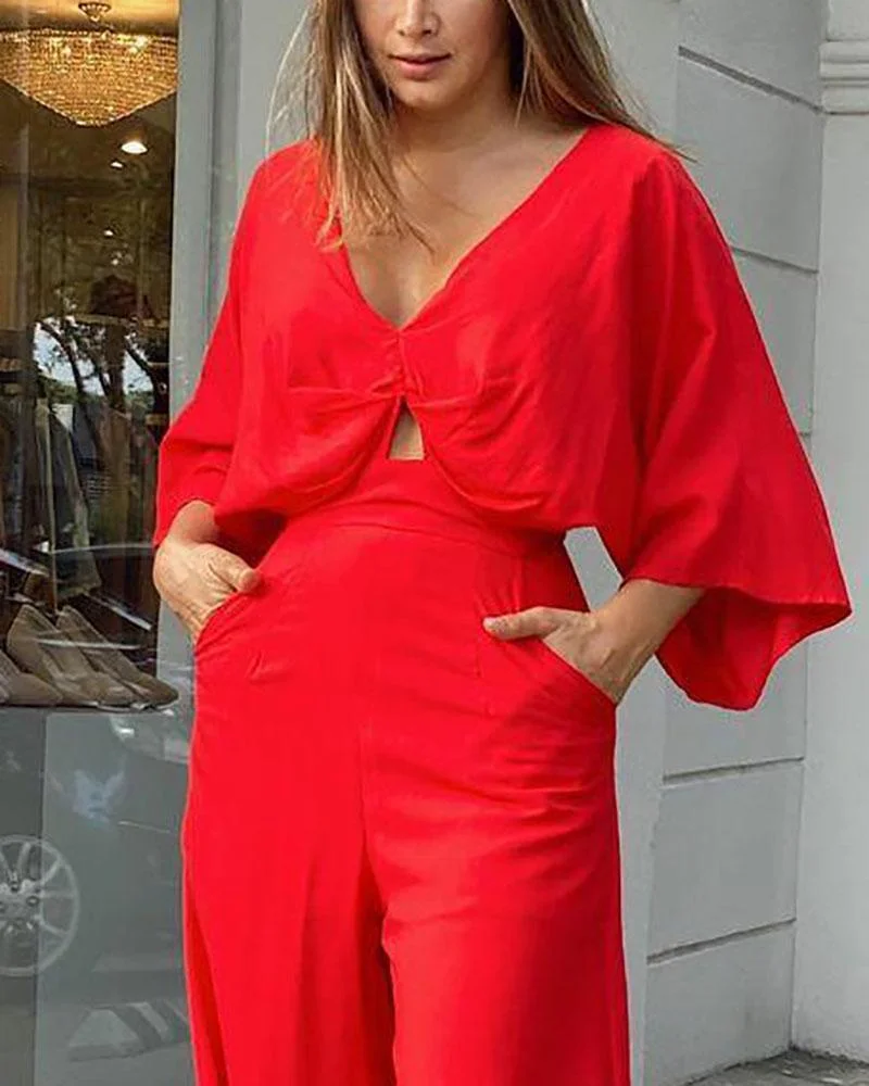 Soild V-Neck High Waist Jumpsuit