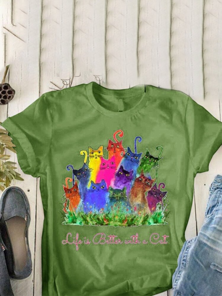 Colorful Cartoon Cat Print Short Sleeve T shirt For Women P1685201
