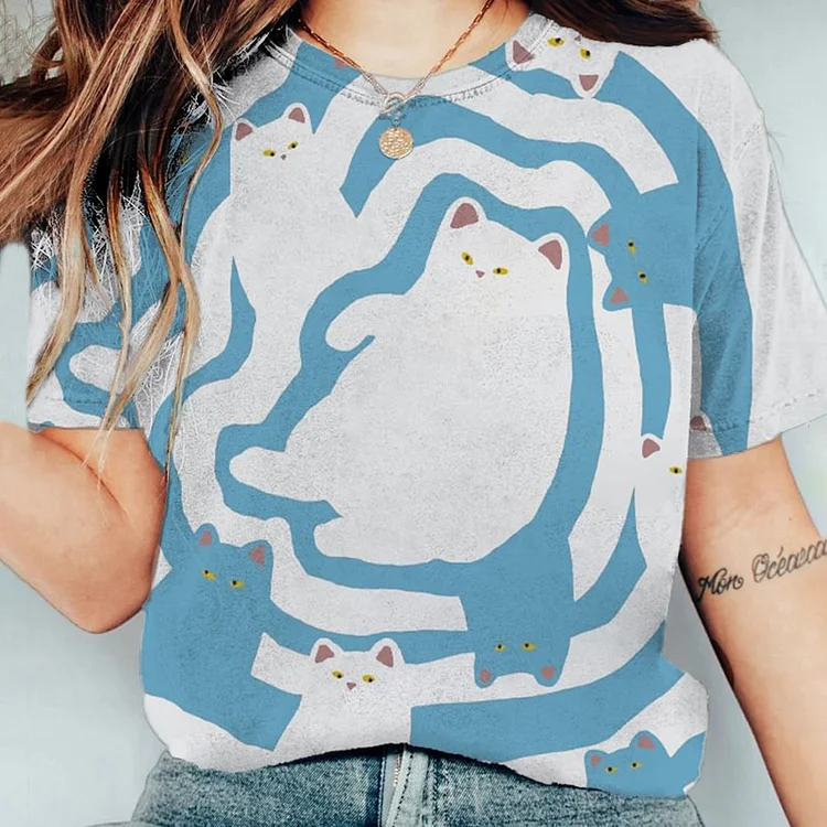 Wearshes Women's Funny Cat Pattern Abstract Art Print Casual T-Shirt