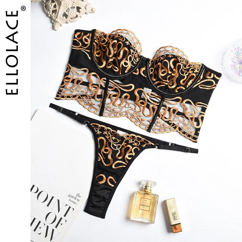Ellolace Lace Sexy Lingerie Off Shoulder Bra Thongs Set Woman 2 Pieces Fancy Underwear Gold Embroidery Seamless Intimate