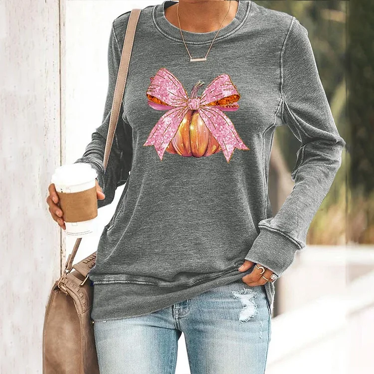 Women's Pink Bow Pumpkin Autumn Print Sweatshirt