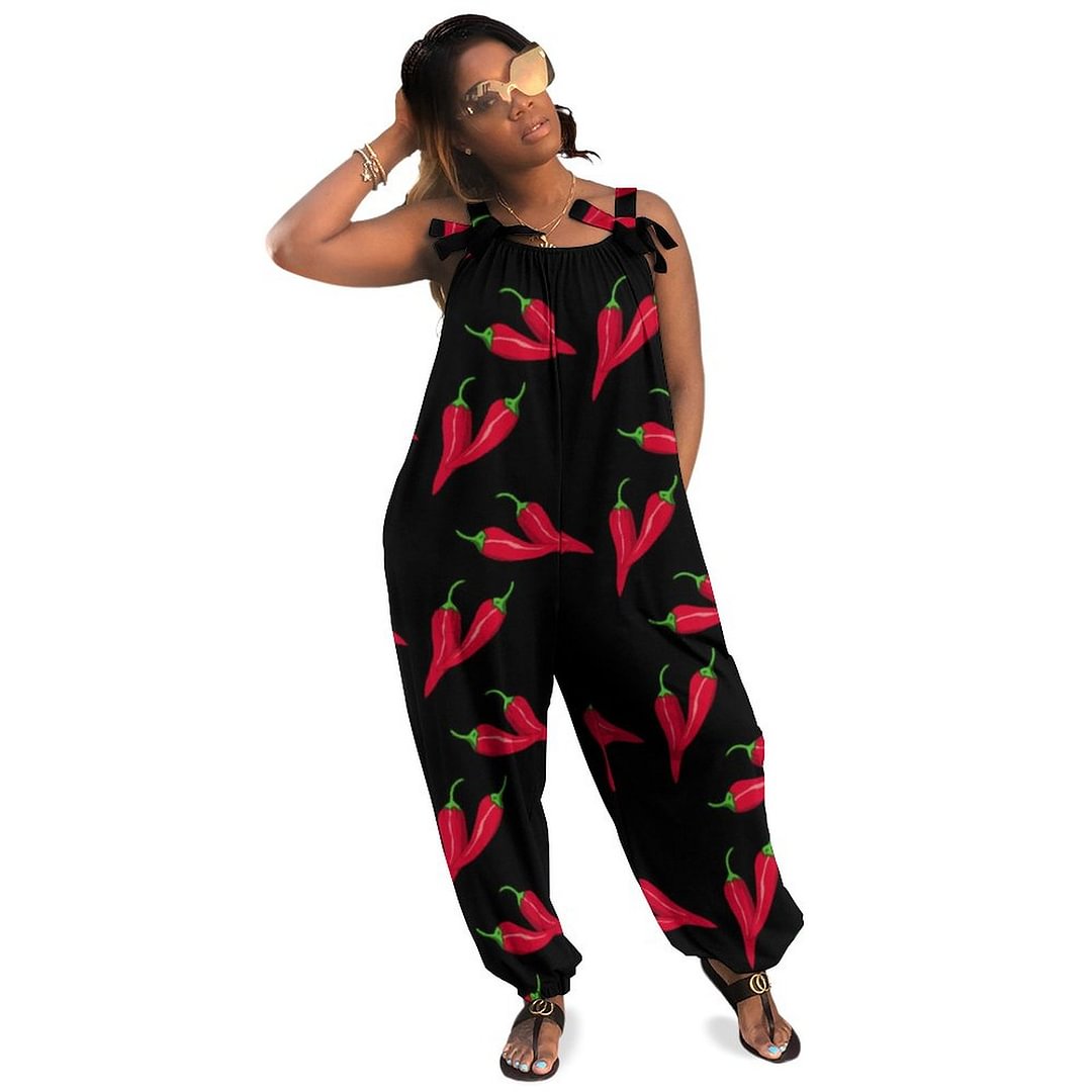 Spicy Red Chili Pattern Peppers At Black Hot Boho Vintage Loose Overall Corset Jumpsuit Without Top