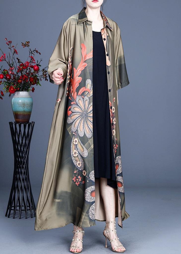 Loose Green Print  Long sleeve Long Loose Coat