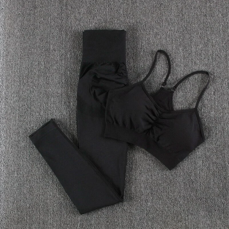 Solid Seamless Gym Two Piece Set Women High Stretchy Tracksuit Women Sports High Waist Leggings Workout Pants Sets Women