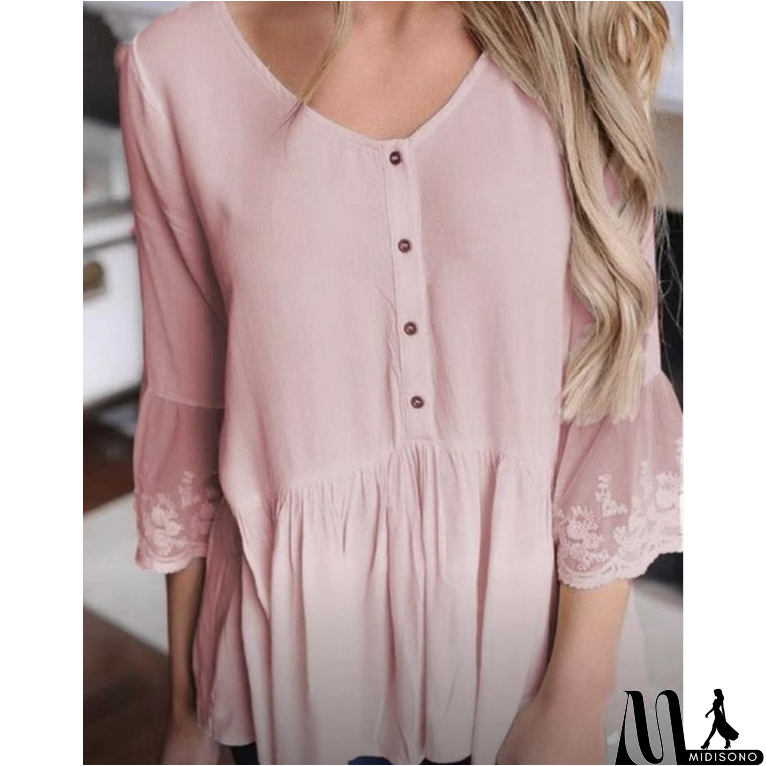 MidiSono - Casual Solid Color Button Top