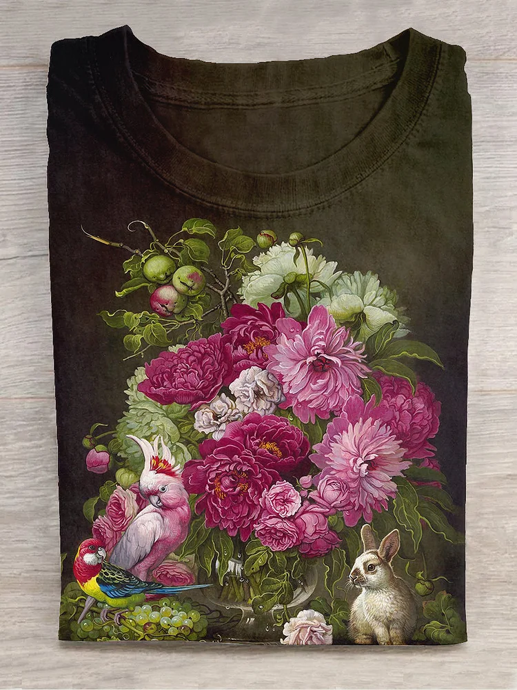 Unisex Floral and Rabbit Art Print Crew Neck Short Sleeve T-Shirt