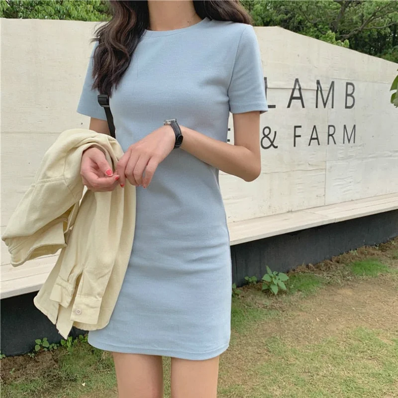 Summer Short Sleeve Dress Solid O-neck Loose Womens Leisure Daily Streetwear Simple All-match Korean Style Chic Trendy BF New