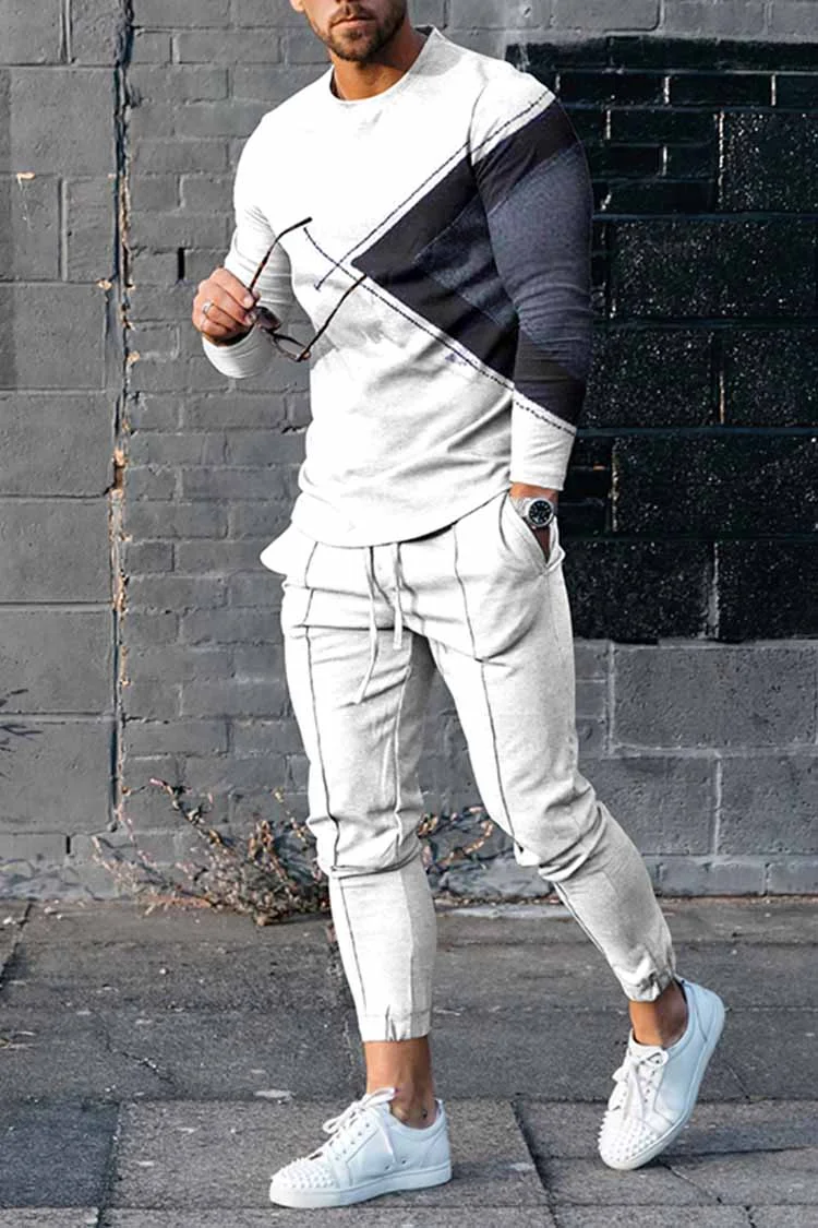 Tiboyz Trendy Geometric Minimalist Print Long Sleeve T-Shirt And Pants Co-Ord