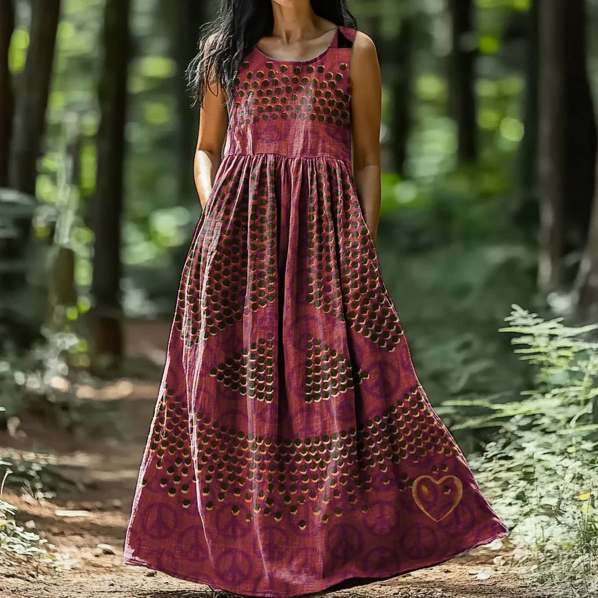 Women's Hippie Art Print Crew Neck Sleeveless Cotton Pocket Dress